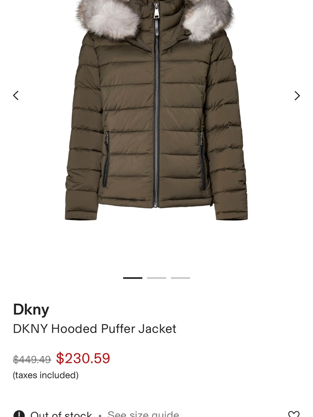 DKNY Women's Hooded Puffer Jacket in Olive with Fur-Trim Hood NWOT